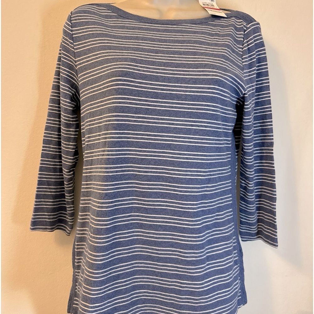 Karen Scott Core Knits Heather Indigo Blue Striped Long Sleeve Tee Sz XS NWT